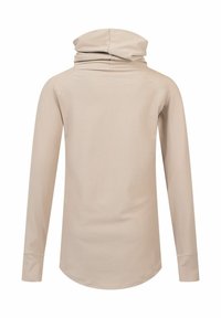 Beige langemouwen top met een hoge kraag, voorzien van een geribbelde textuur en zijnaaddetails. Zachter, rekbaar materiaal met eenRelaxed fit.