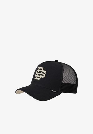 Black baseball cap with mesh panels, featuring a raised beige logo on the front. Curved brim and adjustable back strap.