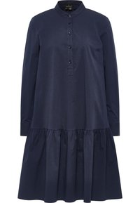 Abito lungo a maniche lunghe blu navy con collare alla cinese, chiusura con bottoni e orlo a balze in tessuto di cotone liscia.