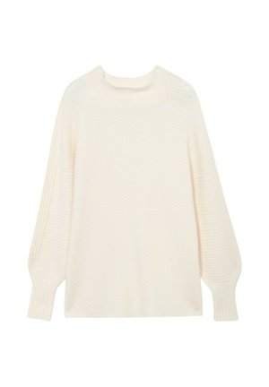 Light cream knit sweater with a ribbed texture, wide sleeves, and a slightly rounded neckline. No visible patterns or hardware details.