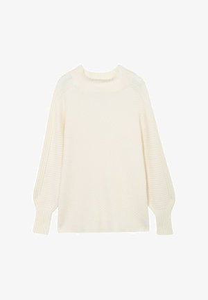 Light cream knit sweater with a ribbed texture, wide sleeves, and a slightly rounded neckline. No visible patterns or hardware details.