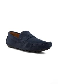 Navy blue suede loafers with a smooth texture, stitched accents, and a rounded toe. Flexible sole allows for comfortable wear.