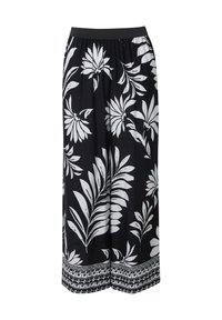 Černé palazzové kalhoty se širokými bílými květinovými vzory a dekorativním lemem na spodním okraji. Elastický pas pro pohodlné nošení.