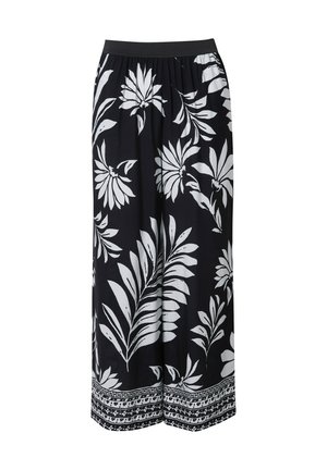 Sorte palazzo-bukser med store hvide blomster mønstre og en dekorativ kant nederst. Elastisk talje for en behagelig pasform.