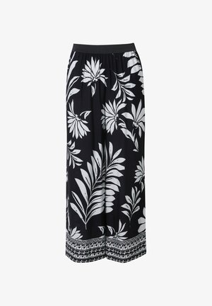 Schwarze Palazzo-Hosen mit großen weißen Blumenmustern und einem dekorativen Saum. Elastischer Bund für einen bequemen Sitz.