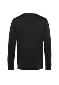 Felpa nera a maniche lunghe con collo rotondo, polsini e orlo a costine, texture liscia e un design semplice senza loghi o motivi visibili.