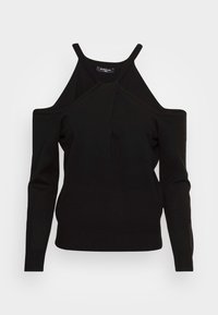 Pull-over noir en tissu tricoté doux, avec un design épaules dénudées bordé de bretelles croisées et manches longues, poignets et ourlet côtelés.