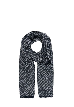 Écharpe bleu marine avec un motif logo répétitif en gris clair. Fabriquée en tissu doux avec des bords frangés ; de forme rectangulaire.