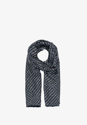 Écharpe bleu marine avec un motif logo répétitif en gris clair. Fabriquée en tissu doux avec des bords frangés ; de forme rectangulaire.