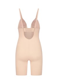 Body nude con spalline sottili, texture liscia, lunghezza a metà coscia, design con schiena aperta e un'apertura al centro per praticità.