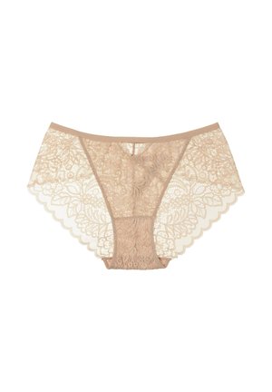 beige lace hipster briefs with floral patterns, scalloped edges, and a central opaque panel; lightweight material; elastic waistband.