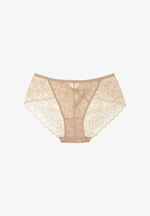 beige Spitzen-Hipster-Slips mit floralen Mustern, gewellten Kanten und einem zentralen blickdichten Bereich; leichtes Material; elastischer Bund.