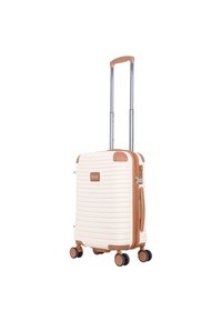 Compact luggage with a textured cream surface, brown accents, a retractable handle, and four black spinner wheels for mobility.