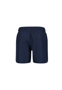 Bañador azul marino hecho de un tejido ligero, con cintura elástica y un diseño sencillo y sin adornos, sin bolsillos.
