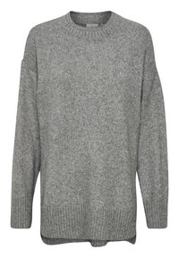 Pull en maille grise avec un col rond, des manches longues et des poignets côtelés. Le tissu a une finition texturée et une coupe décontractée.