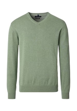 Helltürkises V-Ausschnitt-Pullover aus weichem Strickstoff. Mit langen Ärmeln, gerippten Bündchen und einem dezenten Logo auf der Brust.