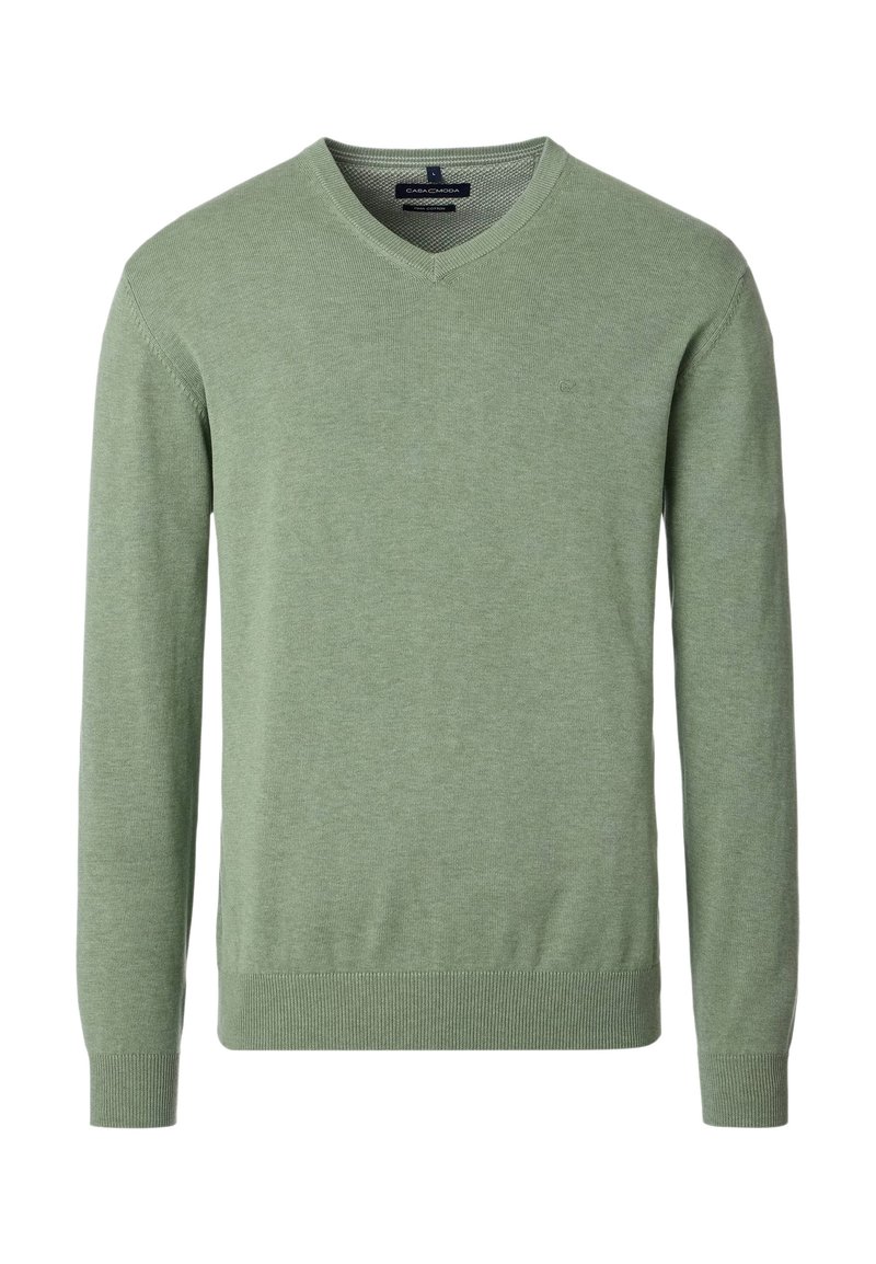 Vaaleanvihreä v-päänneule, joka on valmistettu pehmeästä neuleesta. Ominaisuudet: pitkät hihat, ribbi-resorit ja huomaamaton logo rinnassa.