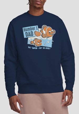 Navy blue sweatshirt featuring cartoon clownfish graphics with "Number 1 DAD" and "MY DAD. MY BUDDY" text in light blue and orange.