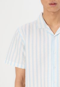Camicetta a maniche corte in blu chiaro e righe bianche, con colletto alla francese e chiusura con bottone, realizzata in un tessuto leggero e texture.