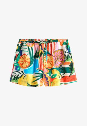 Shorts à cordon avec imprimé tropical de fruits d'agrumes et feuilles colorées sur fond blanc, avec des accents orange, rose, jaune, vert et bleu.