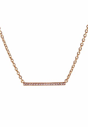 Feine Goldkette mit einem horizontalen Stabanhänger, besetzt mit kleinen gleichmäßig verteilten klaren Edelsteinen.