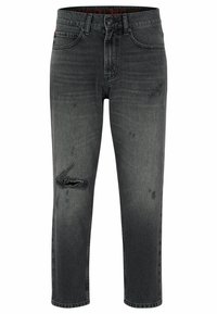 Černé slim-fit džíny s vybledlým vzhledem, s děravými detaily a roztrženou částí na levém stehně, obsahující přední kapsy a poutka na opasek.