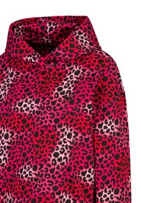 Kapuzensweatshirt in lebhaftem Pink mit schwarzem und dunkelviolettem Leopardenmuster. Weicher Stoff mit lockerer Passform und auffälligem Kapuzendetail.