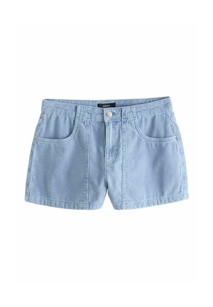 Hellblaue Cord-Shorts mit vorderem Knopf, Reißverschluss und zwei Fronttaschen, flach auf einem weißen Hintergrund liegend.