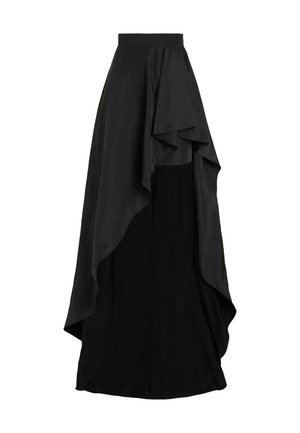 Black high-waist maxi skirt with smooth fabric and layered asymmetrical draped overlay on a plain white background.