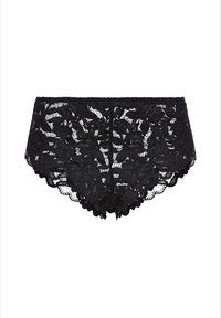 Culotte en dentelle noire avec motif floral, bords festonnés et texture semi-transparente. Présente un dos lisse.
