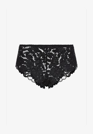 Čierne čipkované hipster nohavičky s kvetinovým vzorom, zúbkami a polopriehľadnou textúrou. Majú hladký dizajn zadnej časti.