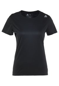 Svart tränings t-shirt av fukttransporterande tyg. Har korta ärmar, rund halsringning och Reebok-logga på axeln.