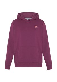 Maroon hoodie made of cotton blend material. Features a front pocket, adjustable drawstring hood, and small embroidered logo on chest.