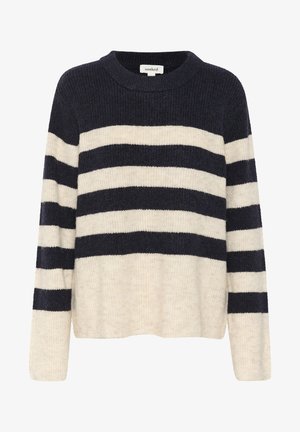 Pleteni pulover z mornarsko modrimi in kremnimi vodoravnimi črtami, okroglo izrezom in dolgimi rokavi. Mehek material z udobnim krojem.