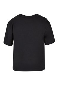 Schwarzes T-Shirt mit kurzen Ärmeln und Rundhalsausschnitt. Hergestellt aus glattem Stoff, mit einem einfachen, schmucklosen Design ohne Muster oder Akzente.