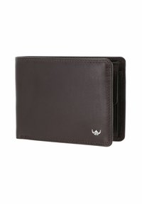 Portefeuille bifold en cuir brun foncé avec coutures visibles et petit logo argenté en bas à droite, montré partiellement ouvert.