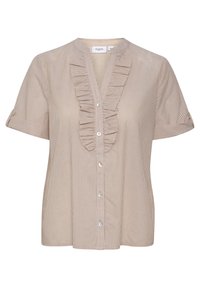 Blusa a maniche corte a righe beige e bianca, con una parte frontale arricciata, chiusura con bottoni e scollatura a girocollo. Tessuto morbido e leggero.