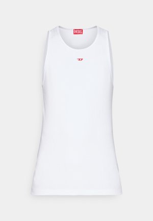 White sleeveless tank top made of smooth fabric. Features a round neckline and a small red "D" logo at the center.