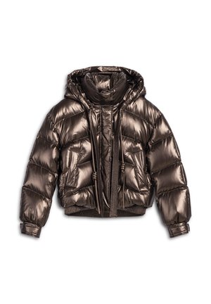 Metallisch bronzefarbene, kurze Pufferjacke mit Kapuze, elastischen Bündchen, Kordelzug in der Taille und gestepptem Design sowie Seitentaschen.