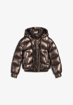 Metallisch bronzefarbene, kurze Pufferjacke mit Kapuze, elastischen Bündchen, Kordelzug in der Taille und gestepptem Design sowie Seitentaschen.