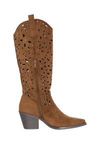 Bruine suède cowboylaars met laseruitgesneden bladmotieven, ritssluiting aan de zijkant, ronde neus en gestapelde blokhak.