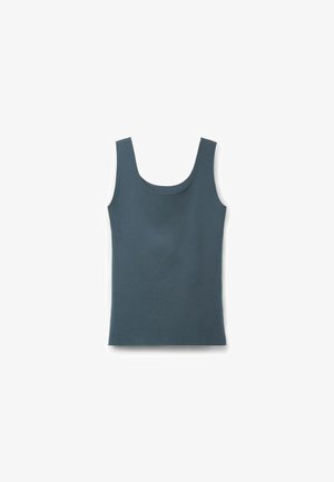 Dark teal tank top with a rounded neckline and wide shoulder straps, made from a smooth, stretchy fabric, featuring a fitted silhouette.
