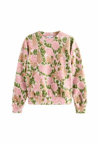 Langärmliger Sweatshirt mit floralem Muster in Rosa, Grün und Beige, mit gerippten Bündchen und Saum, Rundhalskragen und lockerer Passform.