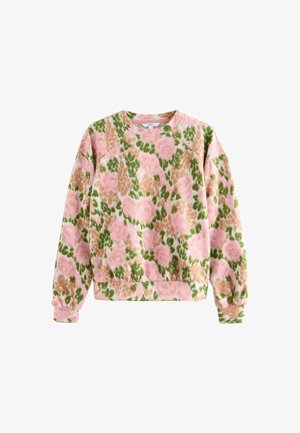 Langärmliger Sweatshirt mit floralem Muster in Rosa, Grün und Beige, mit gerippten Bündchen und Saum, Rundhalskragen und lockerer Passform.