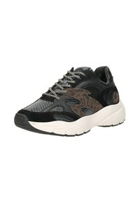 Zwarte en bruine sneaker met een mix van suède en gestructureerde materialen, opvallende meshsecties, een chunky zool en zilveren veters.