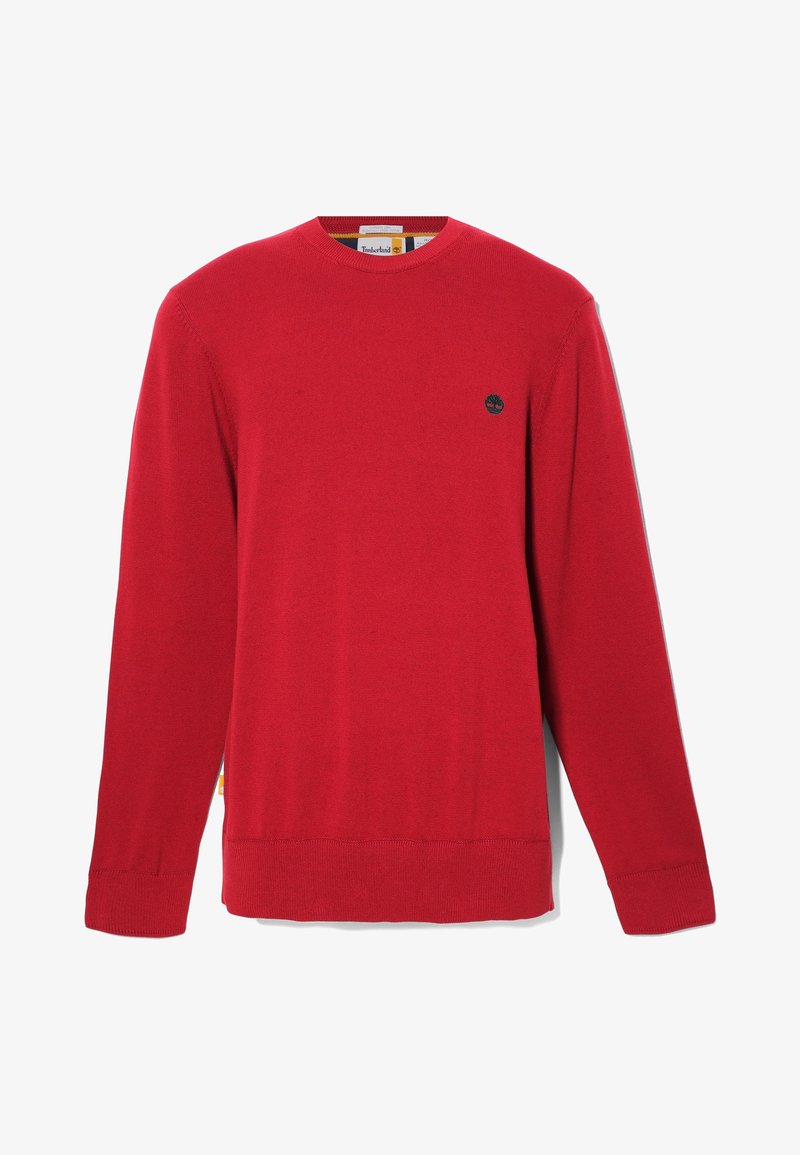 Roter Strickpullover mit langen Ärmeln, Rundhalsausschnitt und gerippten Bündchen. Verfügt über ein kleines schwarzes Logo auf der Brust und eine glatte Textur.