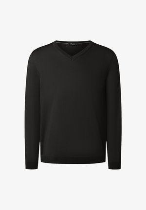 Jersey negro de manga larga con cuello en V, puños y dobladillo acanalados, etiquetado como "Maerz" en la etiqueta interna del cuello.