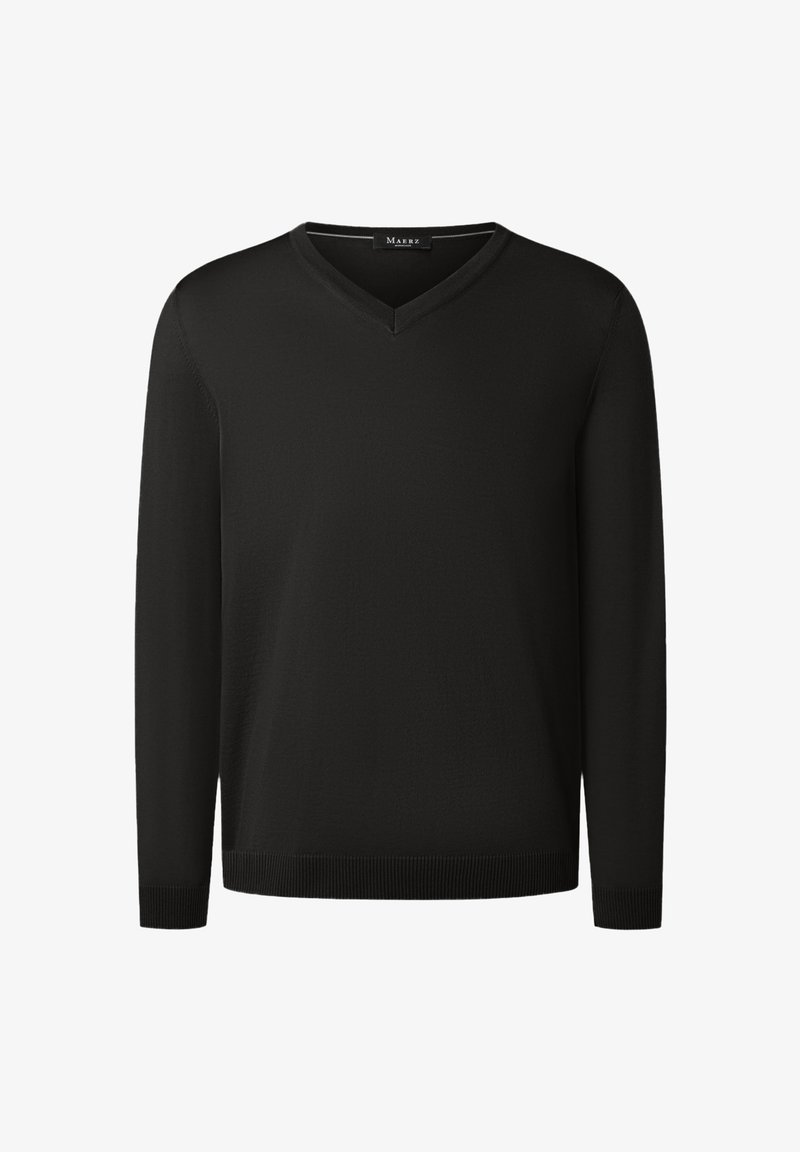 Pull noir à manches longues avec col en V, poignets et ourlet côtelés, étiquette "Maerz" à l'intérieur du col.