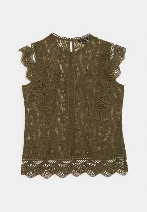 Haut sans manches en dentelle verte avec motifs floraux, bords froncés aux épaules et ourlet festonné, taille 36, fermeture par bouton au niveau du cou.