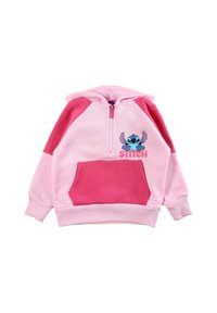 Sweat à capuche rose avec une fermeture  éclair, doté d'une poche kangourou. Le design comprend des blocs de couleur rose et rose pastel ainsi qu'un graphique de Stitch sur le devant.